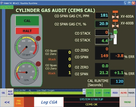 HMI snapshot of PLC-based CEMS auto-calibration